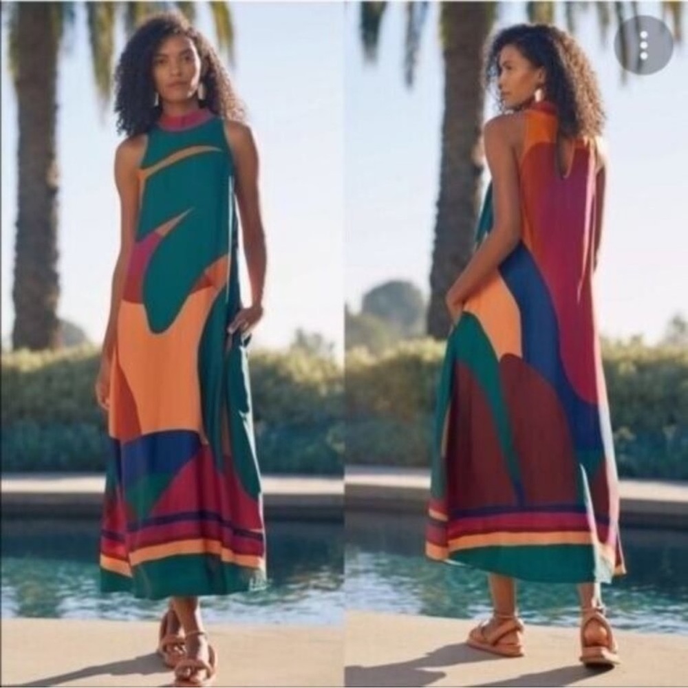 FARM Rio Multicolor Abstract Print Maxi Dress (Green, Orange, Pink, Blue)